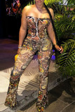 Yellow Sexy Print Cross Straps Patchwork Strapless Sleeveless Two Pieces