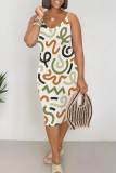 Beige Casual Geometric Print Contrast V Neck Printed Dresses