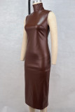 Dark Brown Sexy Solid Color Slit Patchwork Turtleneck Long Dresses