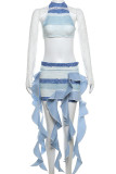 Blue Sexy Stripe Lace See-Through Patchwork Irregular Hem O Neck Long Sleeve Two Pieces