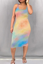 Blue Yellow Sexy Print Patchwork Square Neck Wrapped Skirt Dresses