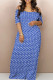 Blue Casual Print Backless Patchwork Off Shoulder Long Dresses