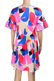 Light Color Casual Print Patchwork Fold O Neck Straight Dresses