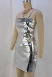 Rose Red Sexy Solid Color Zipper Patchwork Strapless Sleeveless Two Pieces