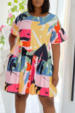 Light Color Casual Print Patchwork Fold O Neck Straight Dresses
