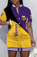 Purple Yellow Street Print Pocket Buckle O Neck Outerwear