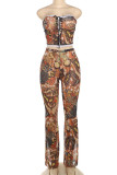 Yellow Sexy Print Cross Straps Patchwork Strapless Sleeveless Two Pieces