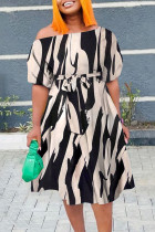Stripe Sexy Print Strap Design Patchwork Oblique Collar A Line Plus Size Dresses