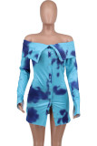 Blue Sexy Print Buckle Slit Patchwork Off Shoulder Wrapped Skirt Dresses