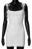 White Sexy Solid Color Lace Backless Strap Design Patchwork Spaghetti Strap Sling Dresses