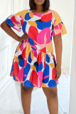 Light Color Casual Print Patchwork Fold O Neck Straight Dresses