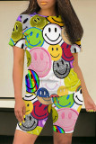 Colour Casual Smiley Face Print Contrast O Neck Short Sleeve Two Pieces