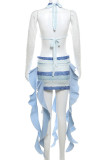 Blue Sexy Stripe Lace See-Through Patchwork Irregular Hem O Neck Long Sleeve Two Pieces