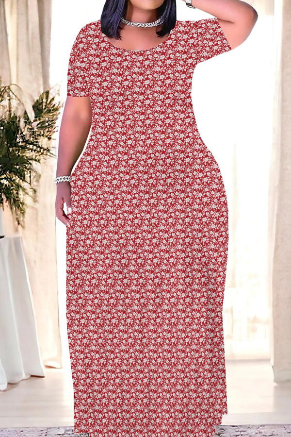 Red Casual Print Patchwork O Neck Straight Dresses