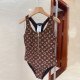 Brown Sportswear Letter Print Zipper Patchwork Swimwears