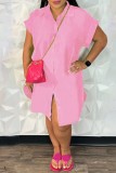 Black Casual Solid Color Buttons Turndown Collar Shirt Short Sleeve Dress