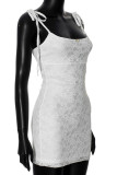 White Sexy Solid Color Lace Backless Strap Design Patchwork Spaghetti Strap Sling Dresses