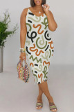 Beige Casual Geometric Print Contrast V Neck Printed Dresses