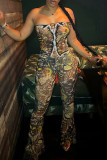 Yellow Sexy Print Cross Straps Patchwork Strapless Sleeveless Two Pieces
