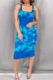 Colorful Blue Sexy Print Patchwork Square Neck Wrapped Skirt Dresses