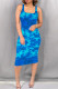 Blue Sexy Print Patchwork Square Neck Wrapped Skirt Dresses