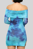 Blue Sexy Print Buckle Slit Patchwork Off Shoulder Wrapped Skirt Dresses