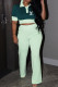 Green Casual Daily Letter Print Patchwork Contrast Turndown Collar Short Sleeve Two Pieces