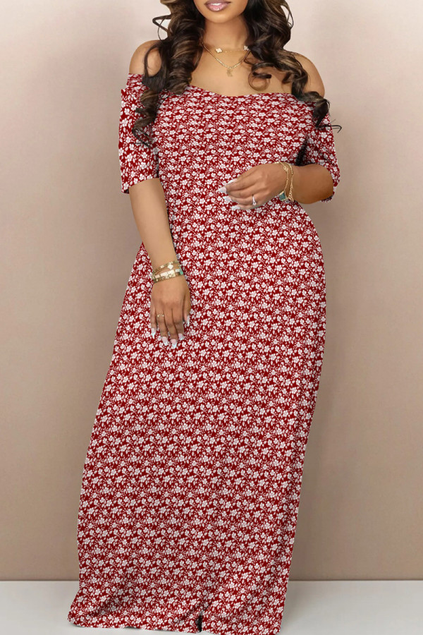 Red Casual Print Backless Patchwork Off Shoulder Long Dresses