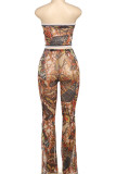 Yellow Sexy Print Cross Straps Patchwork Strapless Sleeveless Two Pieces