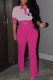 Rose Red Casual Daily Letter Print Patchwork Contrast Turndown Collar Short Sleeve Two Pieces