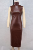 Dark Brown Sexy Solid Color Slit Patchwork Turtleneck Long Dresses