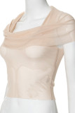 Khaki Sexy Solid Color See-Through Ruched Mesh Patchwork Asymmetrical Collar Tops