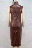 Dark Brown Sexy Solid Color Slit Patchwork Turtleneck Long Dresses