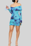 Blue Sexy Print Buckle Slit Patchwork Off Shoulder Wrapped Skirt Dresses