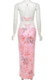 Pink Sexy Print Backless Patchwork Spaghetti Strap Sling Dresses
