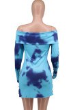 Blue Sexy Print Buckle Slit Patchwork Off Shoulder Wrapped Skirt Dresses