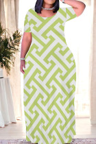 Grass Green Casual Daily Geometric Print Contrast O Neck Printed Dresses