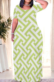 Grass Green Casual Daily Geometric Print Contrast O Neck Printed Short Sleeve Dress