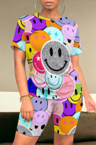 Rainbow Color Casual Smiley Face Print Contrast O Neck Short Sleeve Two Pieces