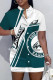 White Green Street Print Pocket Buckle O Neck Outerwear