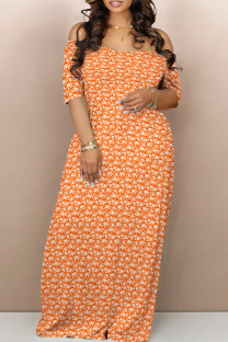 Orange Casual Print Backless Patchwork Off Shoulder Long Dresses