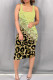 Light Green Casual Print Patchwork Square Neck Wrapped Skirt Dresses