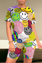 Transparent Color Casual Smiley Face Print Contrast O Neck Short Sleeve Two Pieces