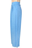 Blue Casual Solid Color Pocket Patchwork Loose High Waist Wide Leg Patchwork Bottoms
