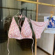 Pink Sportswear Letter Print Strap Design Patchwork Swimwears