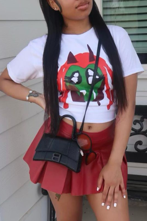 White Casual Cartoon Print O Neck T-Shirts
