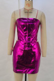 Rose Red Sexy Solid Color Zipper Patchwork Strapless Sleeveless Two Pieces