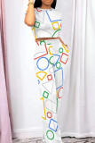 White Casual Geometric Print Pocket Patchwork O Neck Short Sleeve Two Pieces