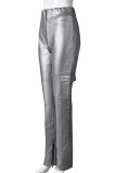 Grey Sexy Solid Color Slit Zipper Patchwork Regular High Waist Speaker Patchwork Bottoms