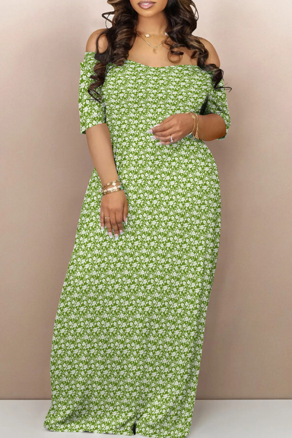Green Yellow Casual Print Backless Patchwork Off Shoulder Long Dresses